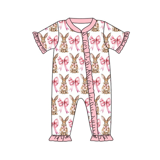 Pink ruffle bow bunny baby girls Easter zipper romper