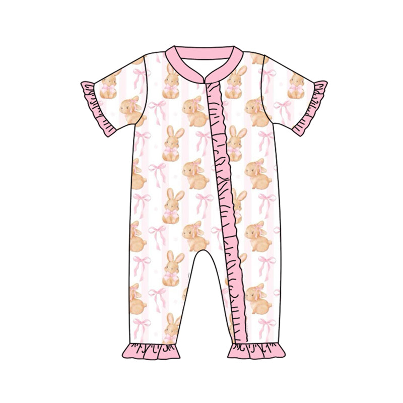 Pink ruffle stripe bow bunny baby girls Easter zipper romper