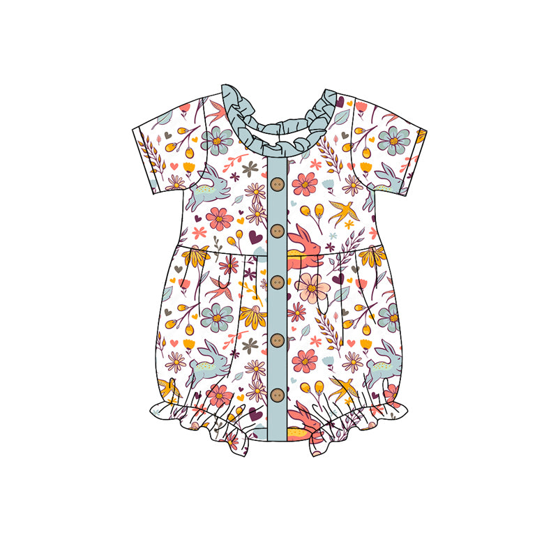 Short sleeves floral bunny baby girls Easter romper