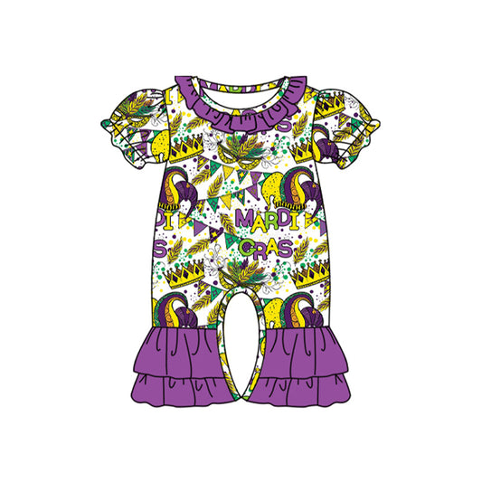 Purple short sleeves ruffle girls Mardi Gras romper