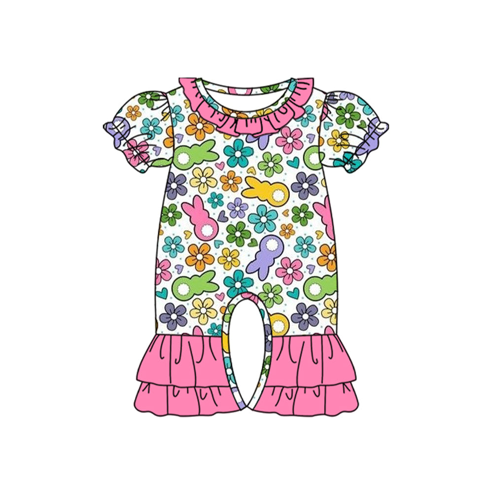 Pink ruffle floral bunny baby girls Easter romper