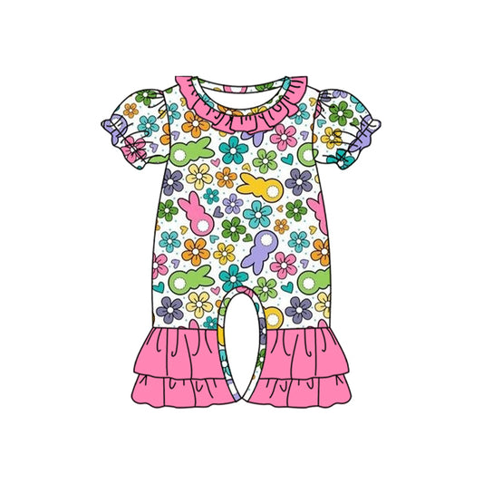 Pink ruffle floral bunny baby girls Easter romper