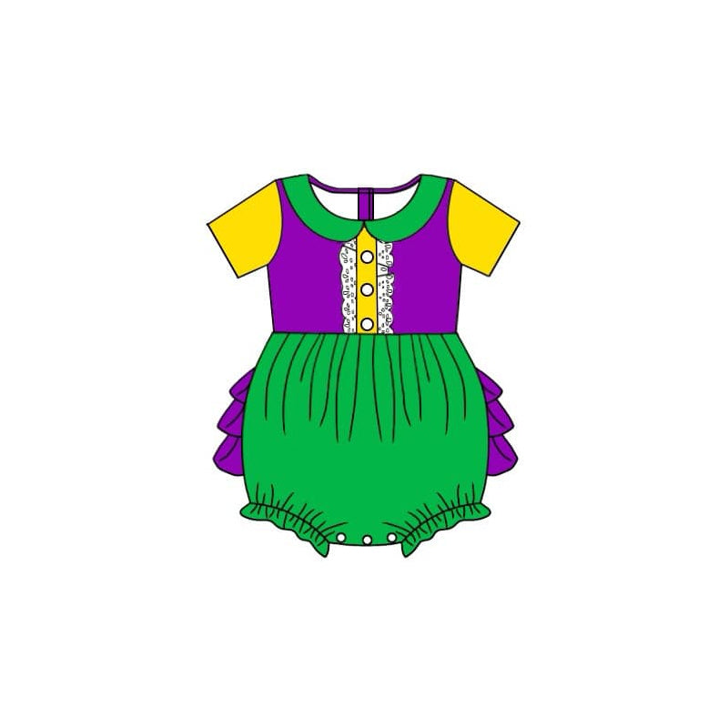 Yellow purple green ruffle baby girls Mardi Gras romper