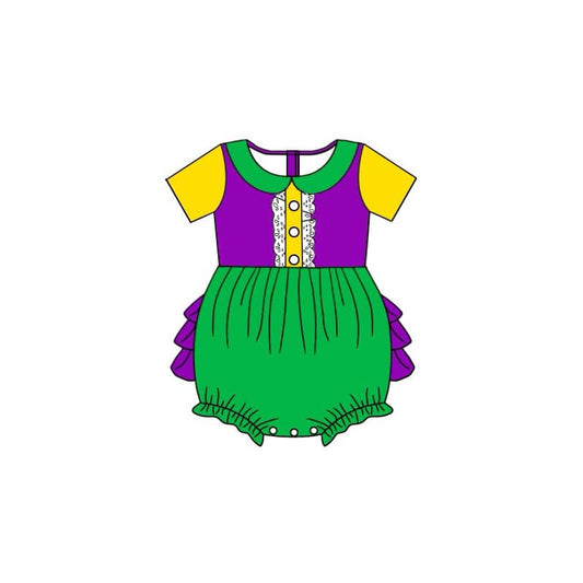 Yellow purple green ruffle baby girls Mardi Gras romper