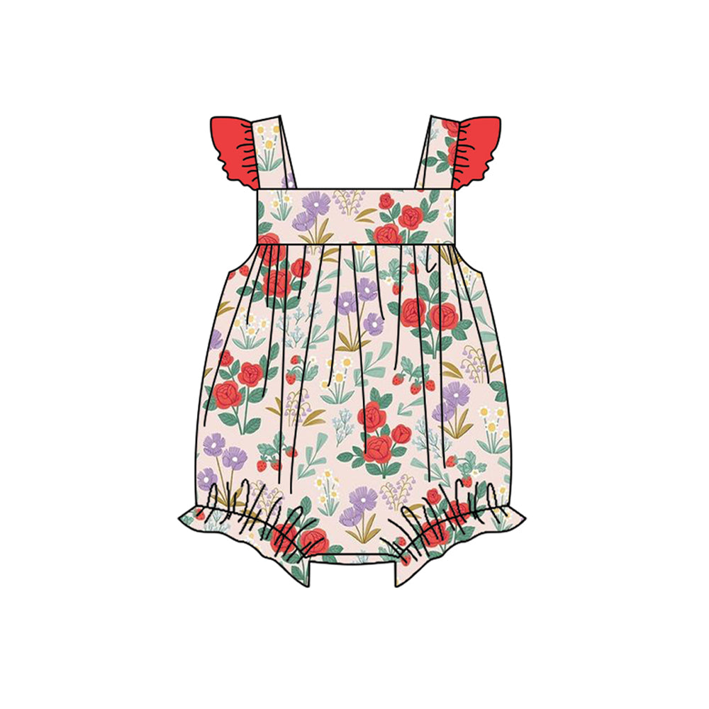 Red flutter sleeves floral baby girls romper