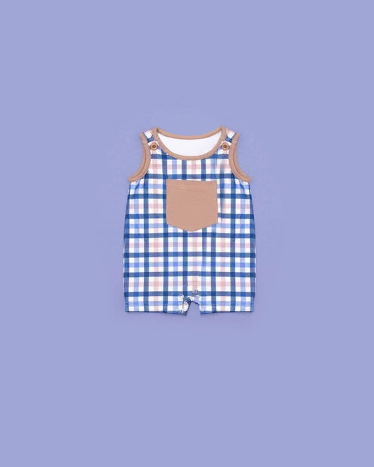 Sleeveless plaid khaki pocket baby boy romper