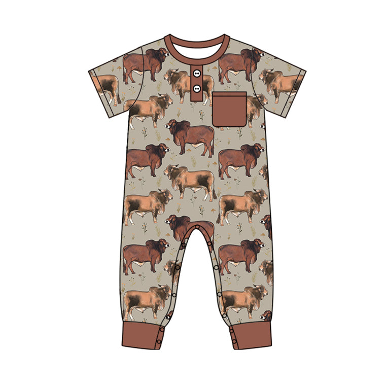 Short sleeves brown pocket cows baby boys romper