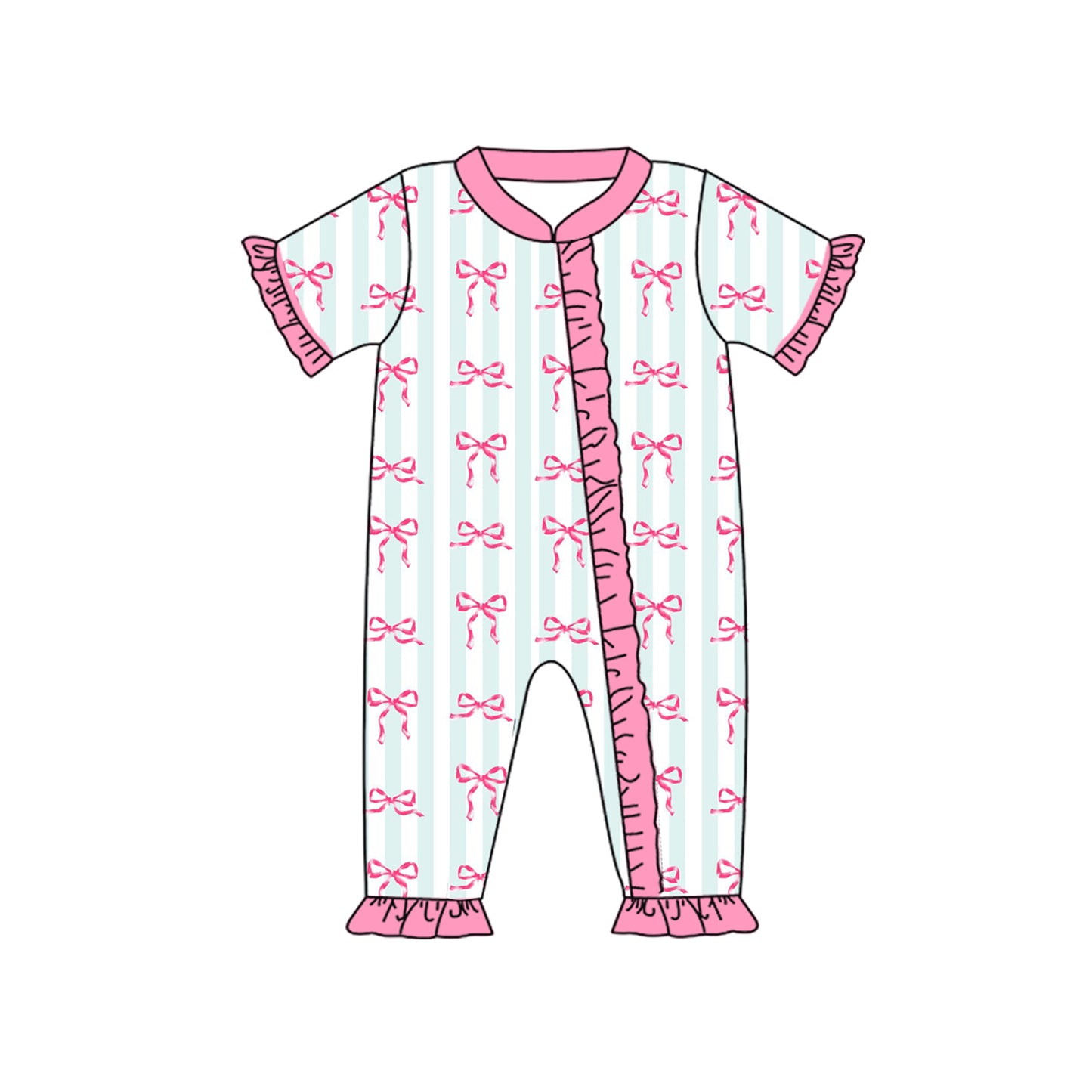 Pink bow short sleeves stripe baby girls zipper romper