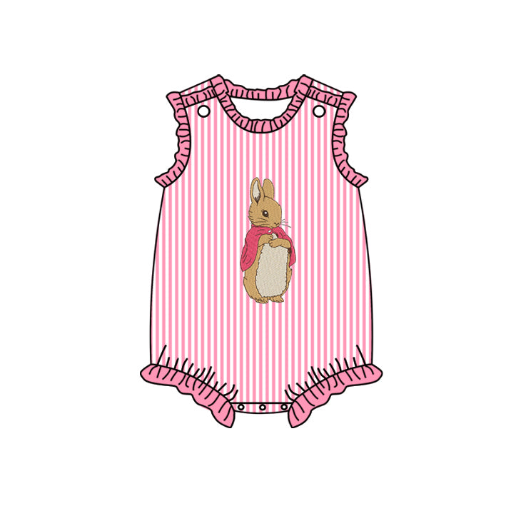 Sleeveless pink stripe rabbit baby girls Easter romper