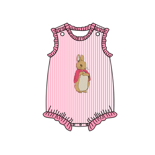 Sleeveless pink stripe rabbit baby girls Easter romper