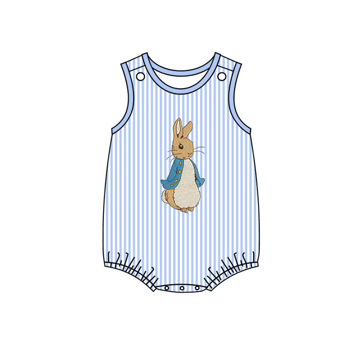 Sleeveless light blue stripe rabbit baby boys Easter romper