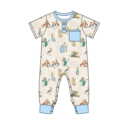 Light blue pocket short sleeves rabbit baby boy Easter romper