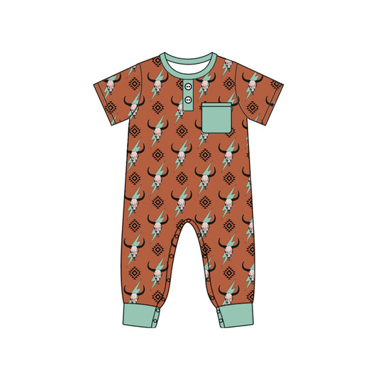 Short sleeves thunder bull skull pocket baby boy romper