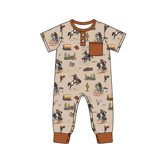 Short sleeves rodeo western pocket baby boy romper