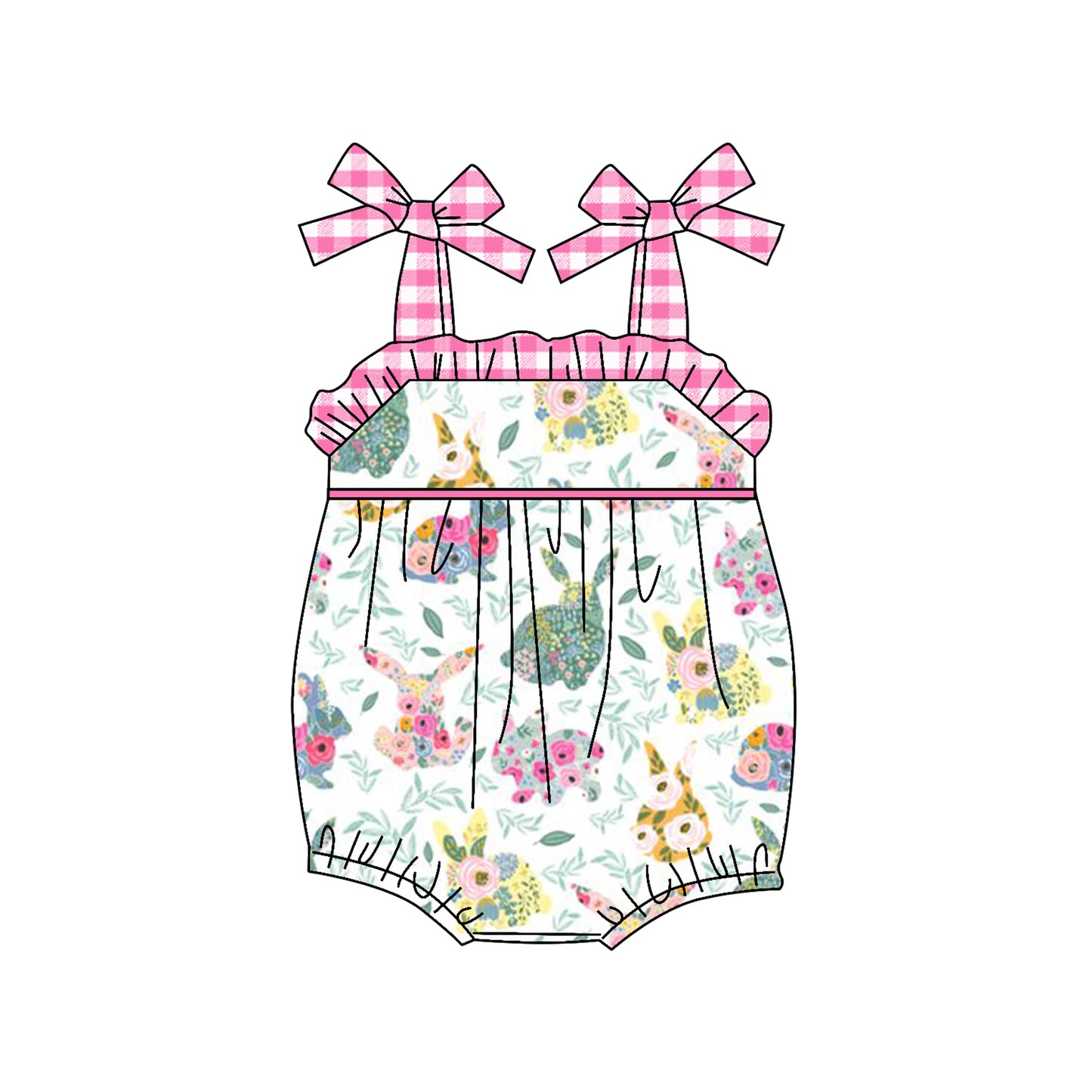 Pink plaid straps floral bunny baby girls Easter romper