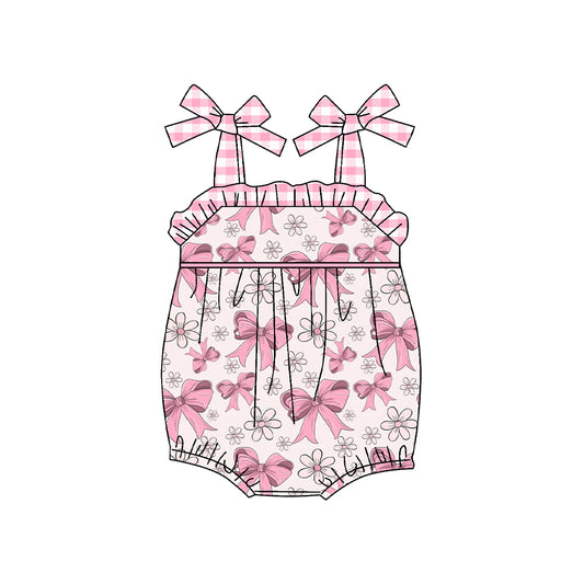 Pink plaid straps bow floral baby girls summer romper