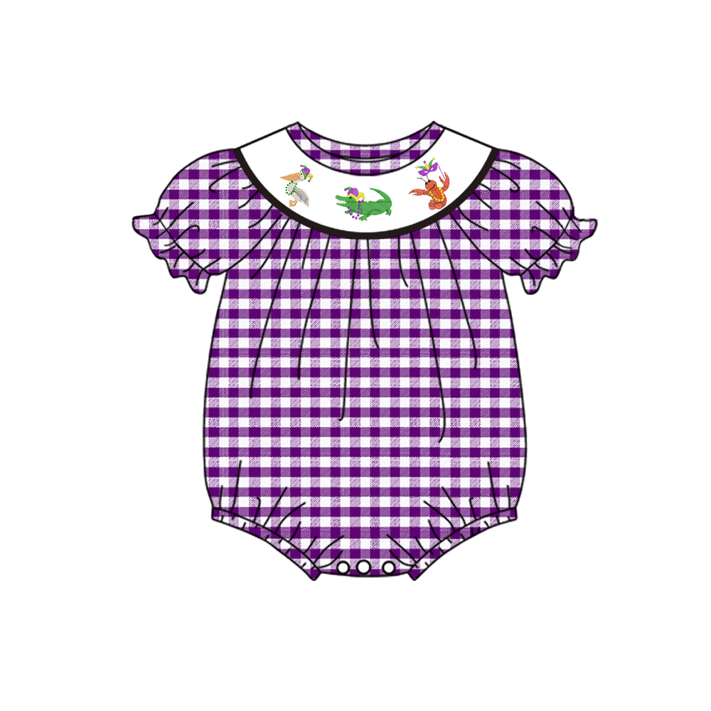 Purple plaid pelican alligator crawfish girls mardi gras romper