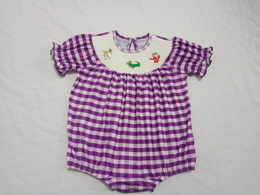 Purple plaid pelican alligator crawfish girls mardi gras romper