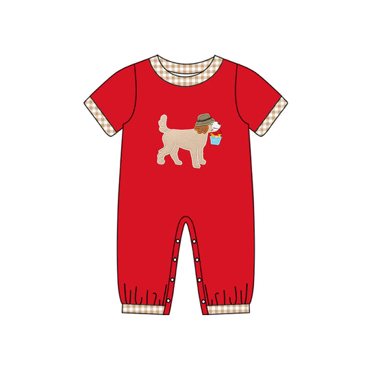 Red short sleeves dog fishing baby boy romper