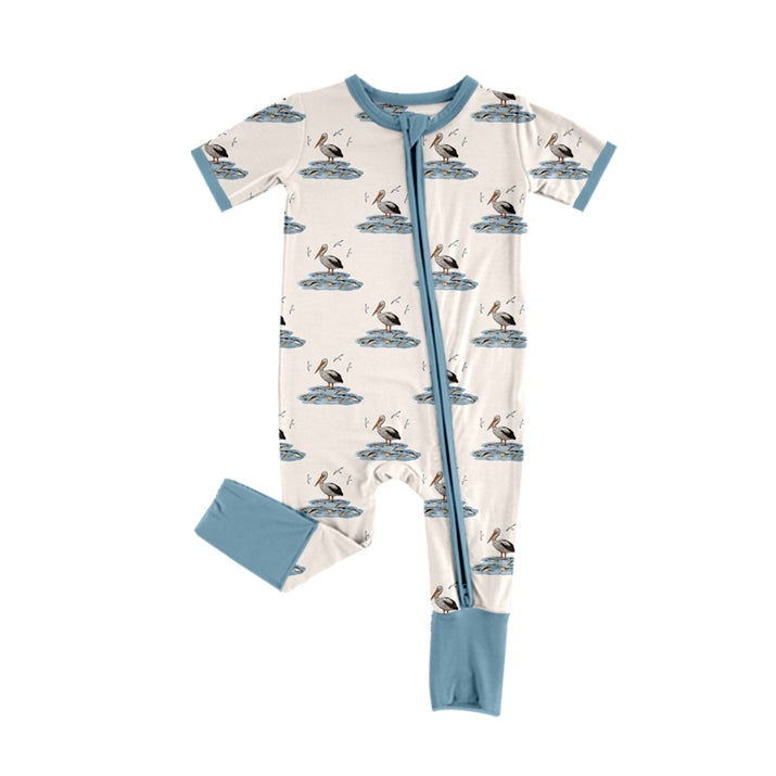 Light blue short sleeves pelican baby boy zipper romper