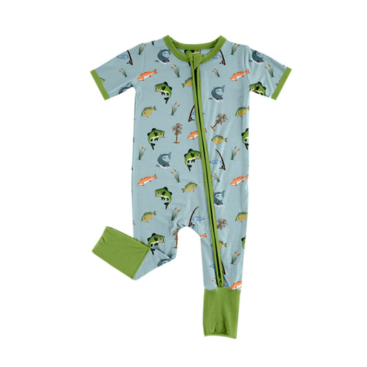 Green short sleeves fishing baby boy zipper romper