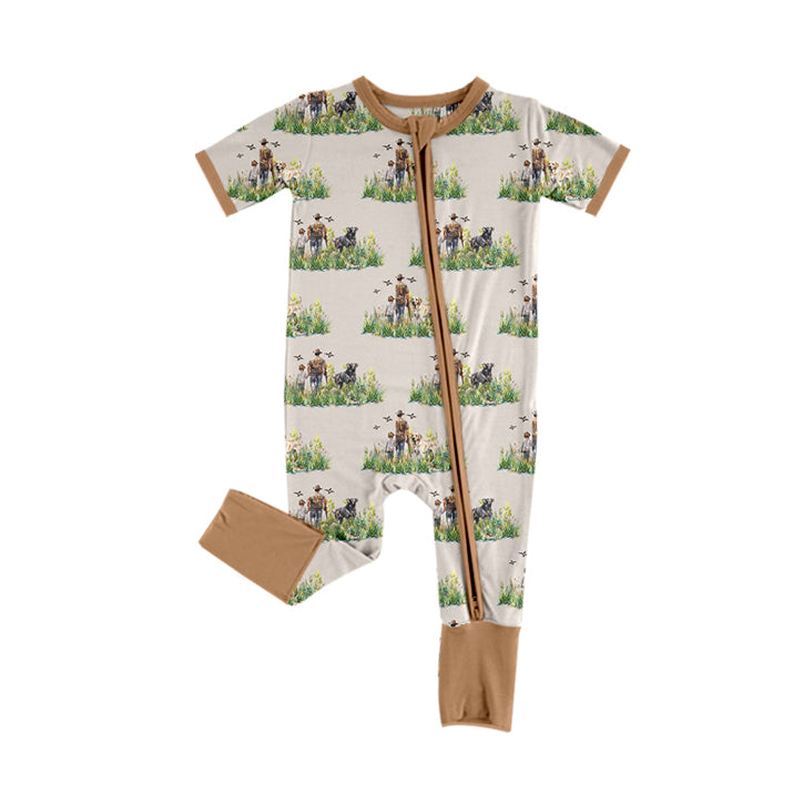 Khaki short sleeves hunting dog baby boy zipper romper