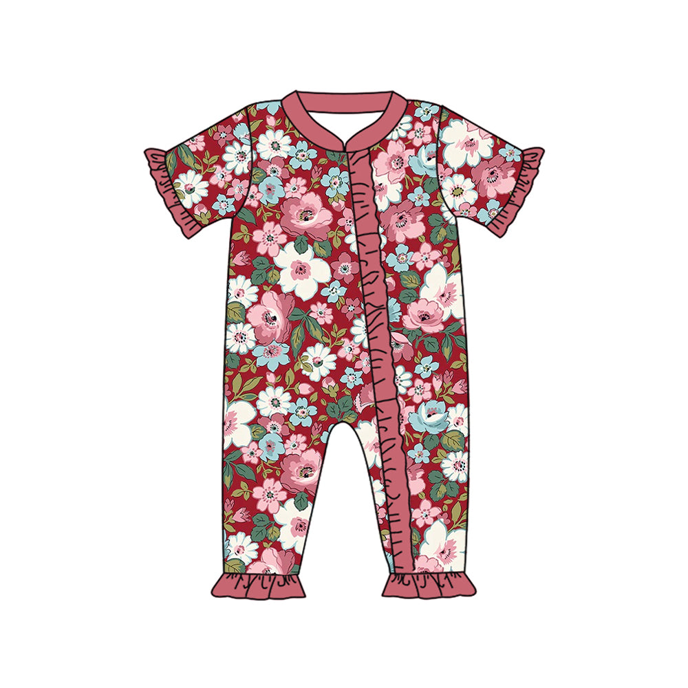 Short sleeves ruffle floral baby girls zipper romper