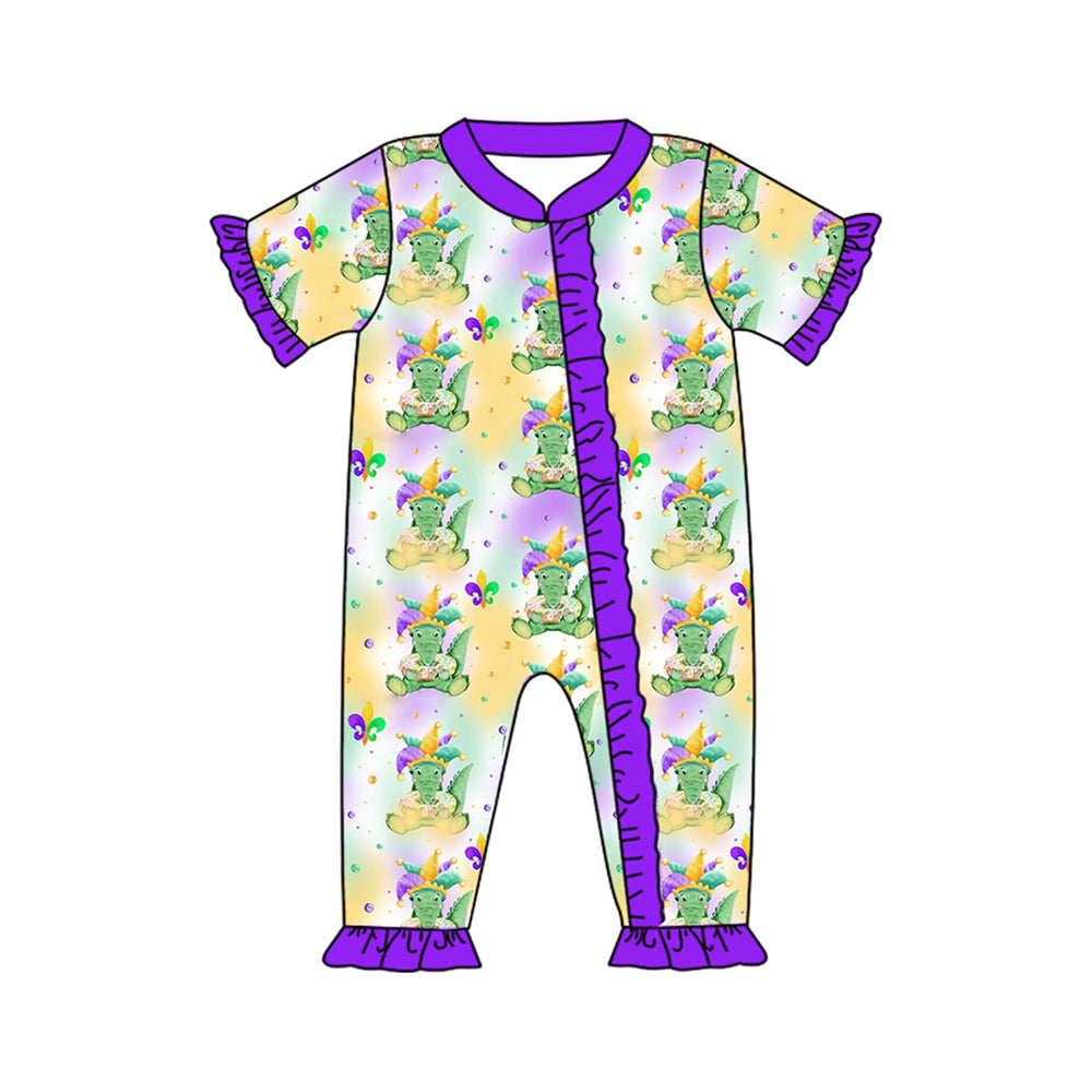 Purple short sleeves alligator baby girls Mardi Gras zip romper