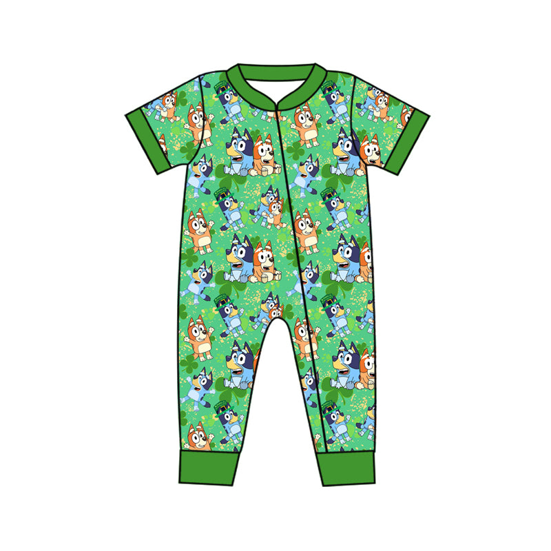 Green short sleeves dog clover baby St Patrick's zip romper