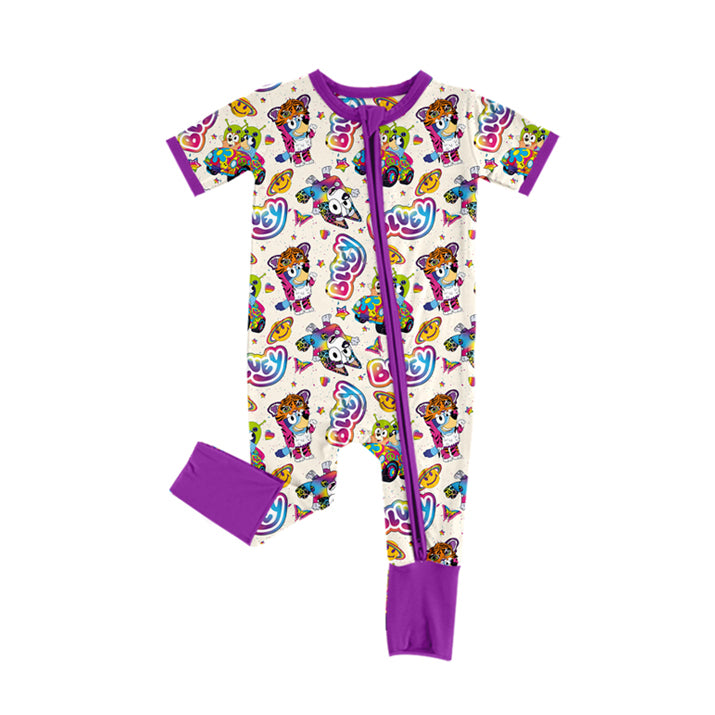 Purple short sleeves tiger dog baby girls zipper romper