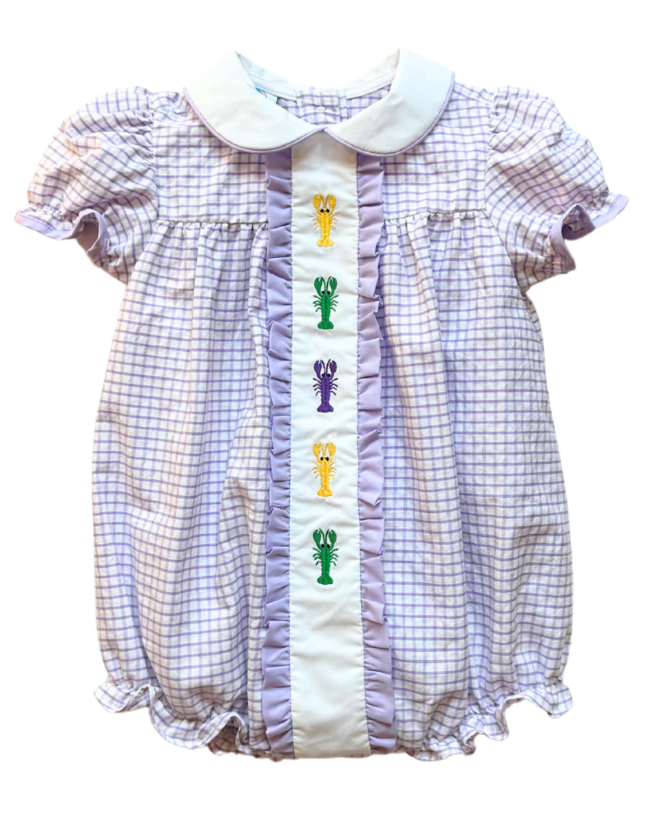 Yellow green purple crawfish plaid baby Mardi Gras romper