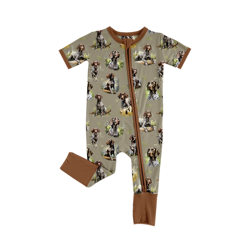 Brown short sleeves hunting dog baby zipper romper