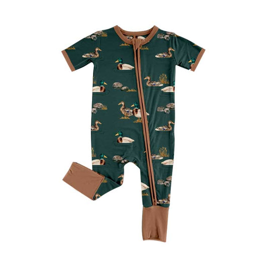 Brown short sleeves duck hunting baby zipper romper