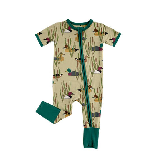 Green short sleeves duck hunting baby zipper romper