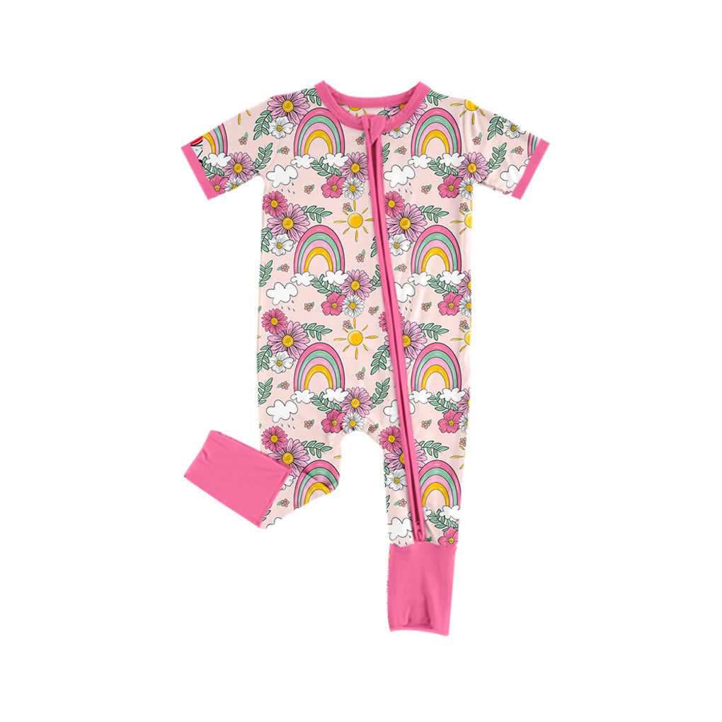 Pink short sleeves rainbow floral baby girls zipper romper