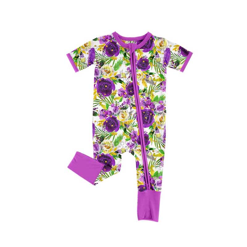 Purple yellow green floral baby Mardi Gras zipper romper