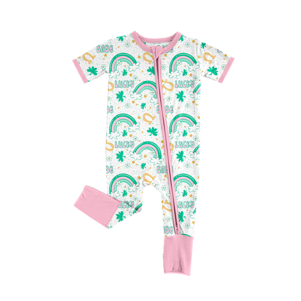 Lucky babe rainbow baby girls St Patrick's zipper romper