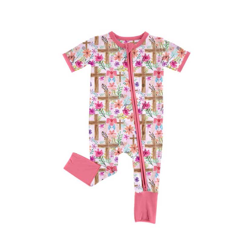 Pink short sleeves floral cross baby girls Easter romper