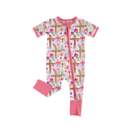 Pink short sleeves floral cross baby girls Easter romper