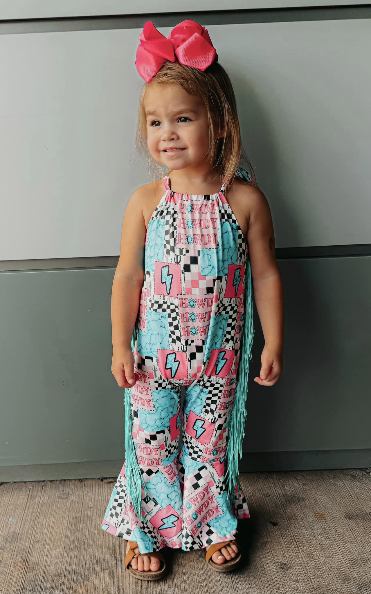 Howdy turquoise thunder patchwork tassels girls romper