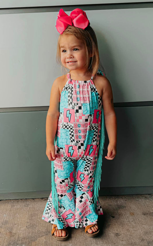 Howdy turquoise thunder patchwork tassels girls romper