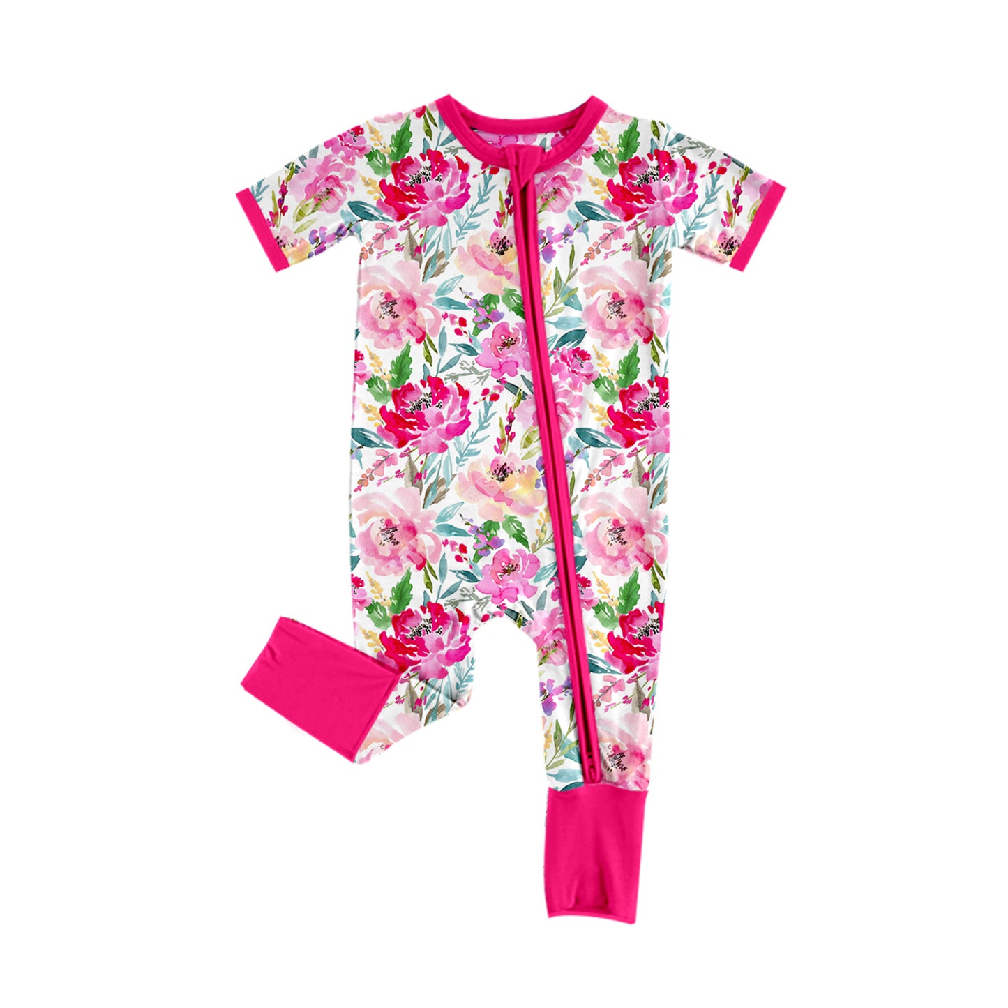 Short sleeves hot pink floral baby girls zipper romper