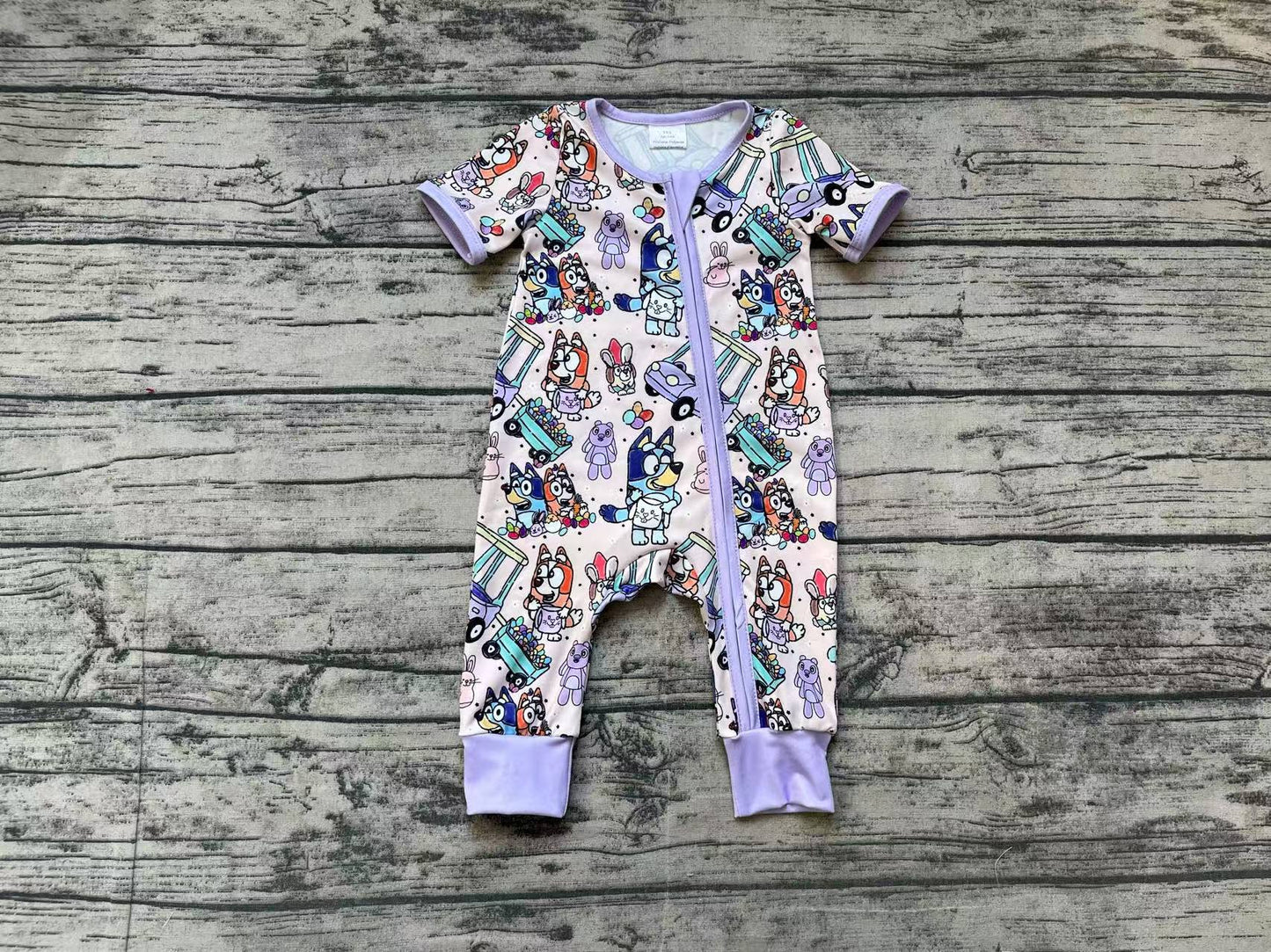 Lavender dog cars eggs bunny girls Easter zipper romper