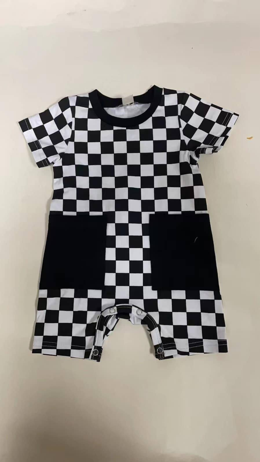 Short sleeves black plaid pockets baby boy romper