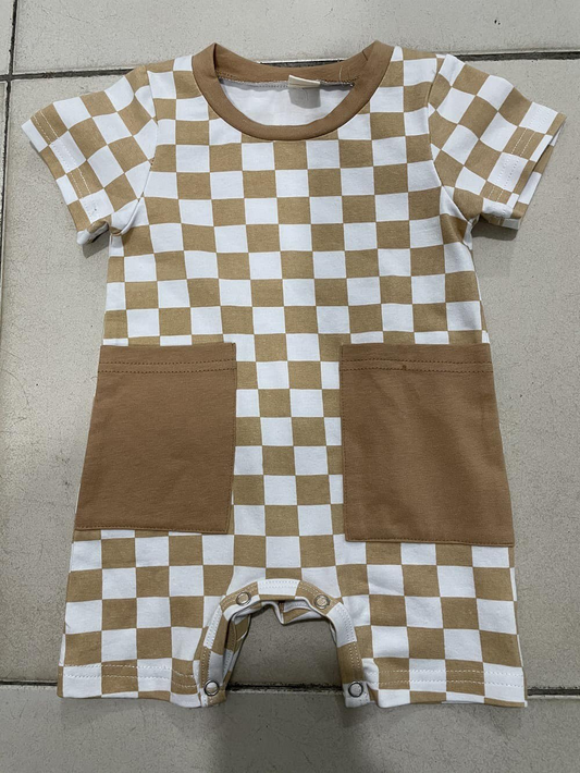 Short sleeves khaki plaid pockets baby boy romper