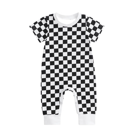 Short sleeves black plaid baby boy romper