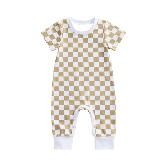 Short sleeves khaki plaid baby boy romper