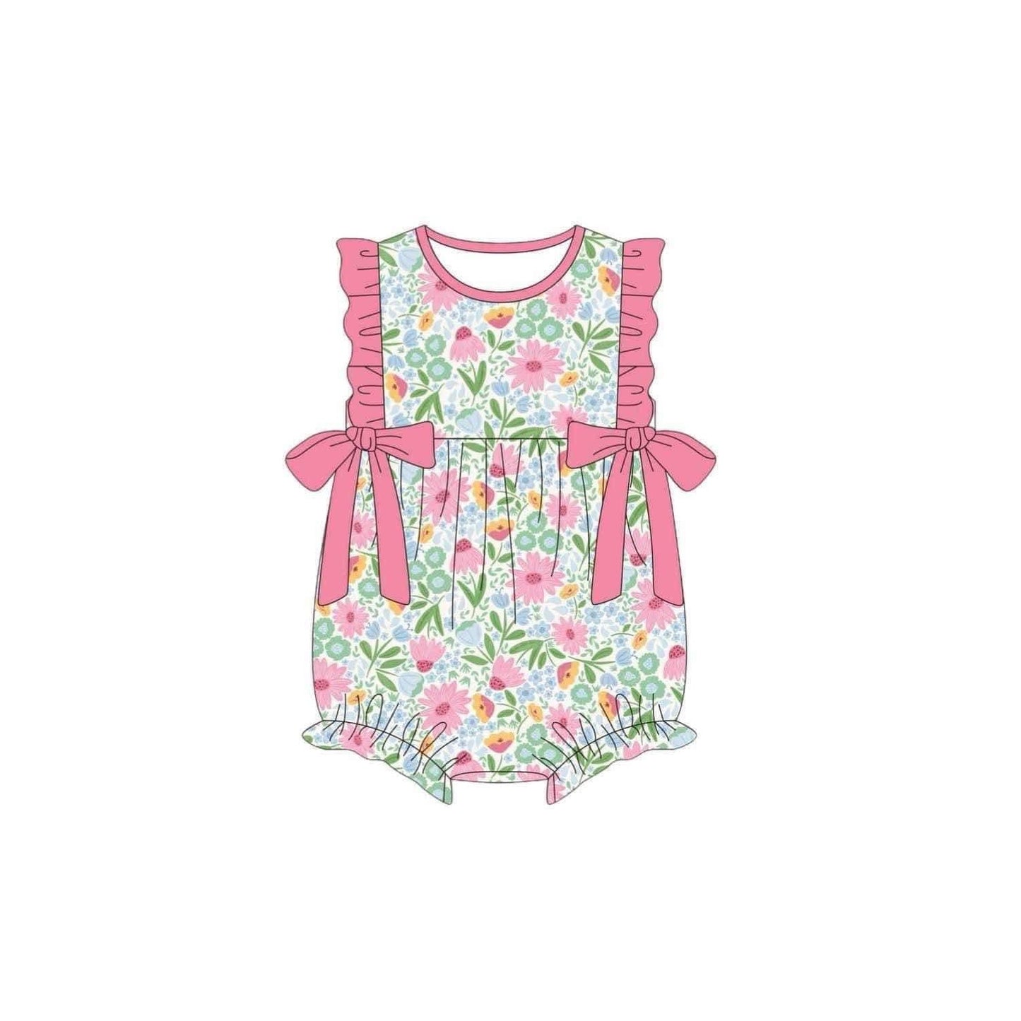 Short sleeves ruffle bow floral baby girls summer romper