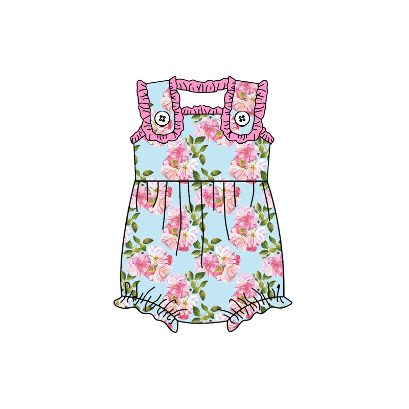 Pink ruffle sleeveless floral baby girls spring summer romper