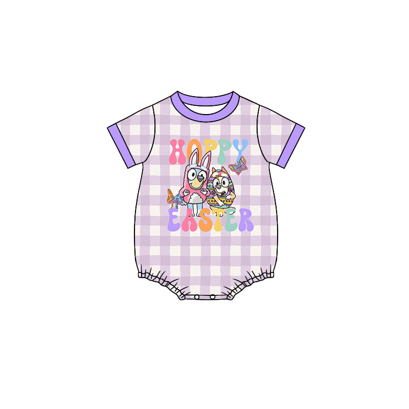 Short sleeves purple plaid dog bunny baby Easter romper